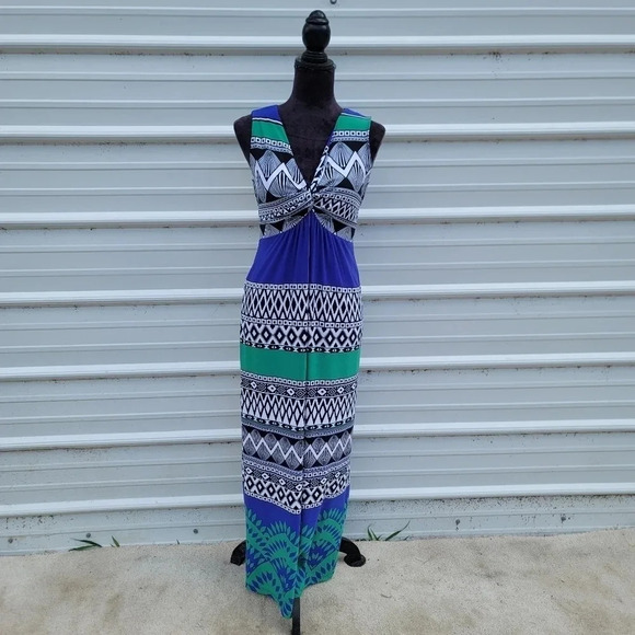 CHICO'S Sexy and Slimming Long Maxi Dress Beautiful Blue Green Blk NWT Sz 0 S(4) - Picture 1 of 13